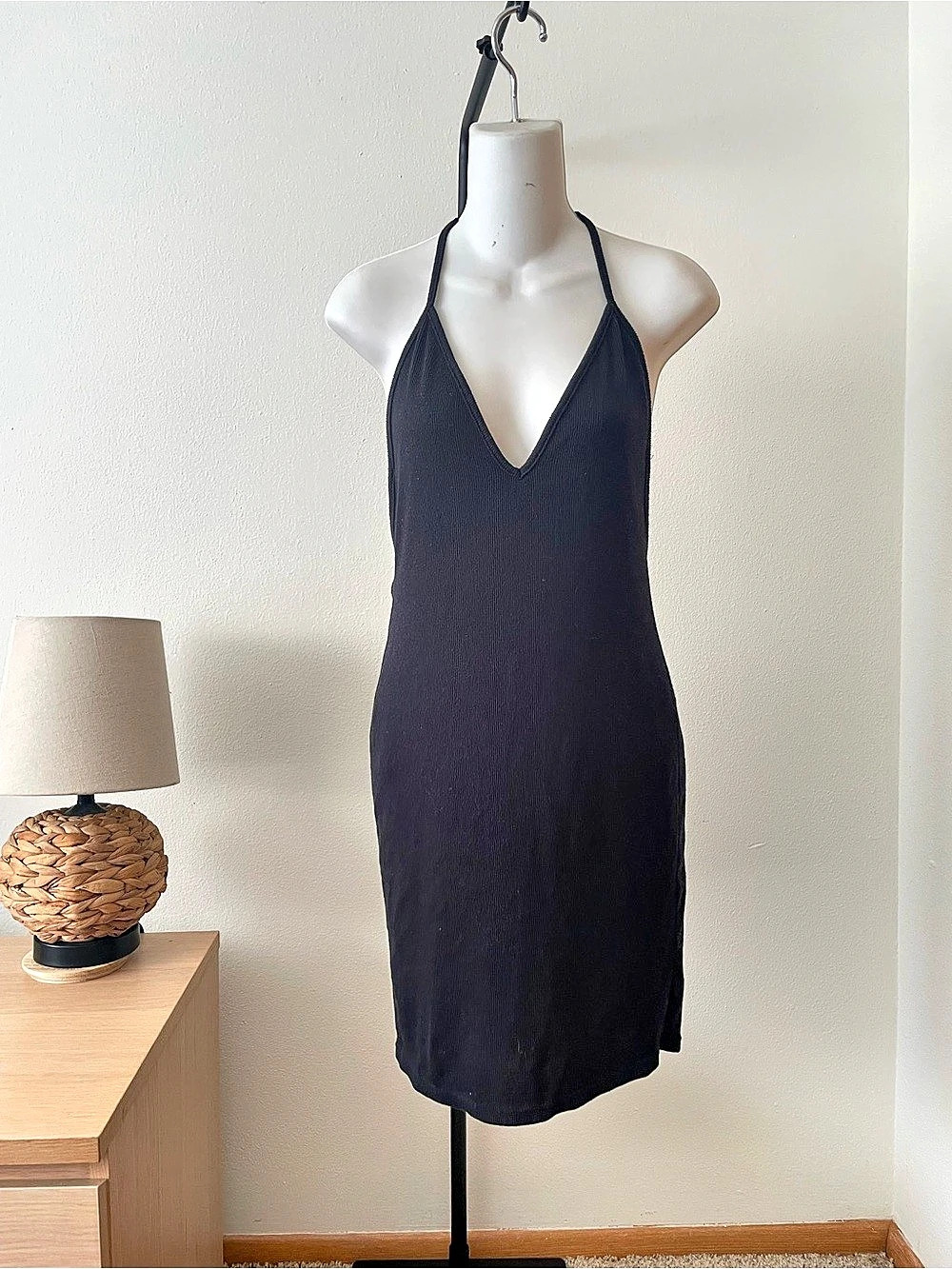SHEIN Ribbed Knit Backless Halter Bodycon Dress Black Medium